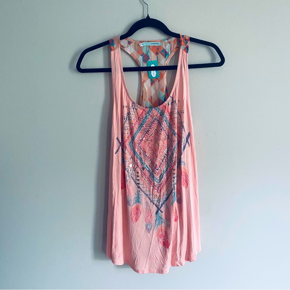 Maurices Women's Flowy Peach Pink Graphic Racer Back Tank Top Size Medium NWT